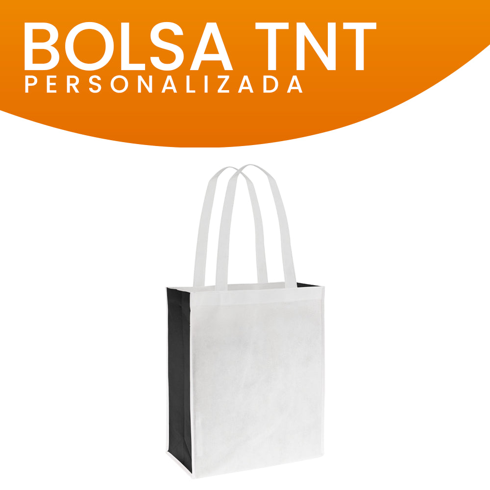 Presentación de las bolsas TNT personalizadas en packs, disponibles para pedidos corporativos.