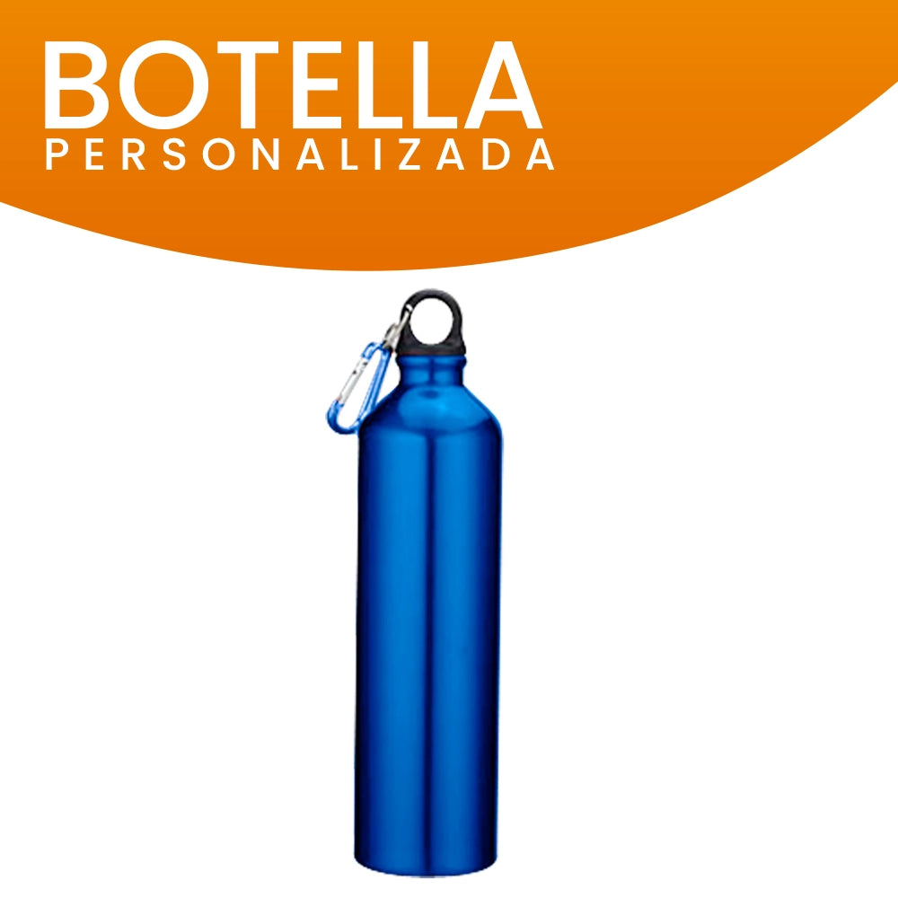 Botella personalizada color azul de 800cc, perfecta para promociones y eventos, con grabado láser duradero.