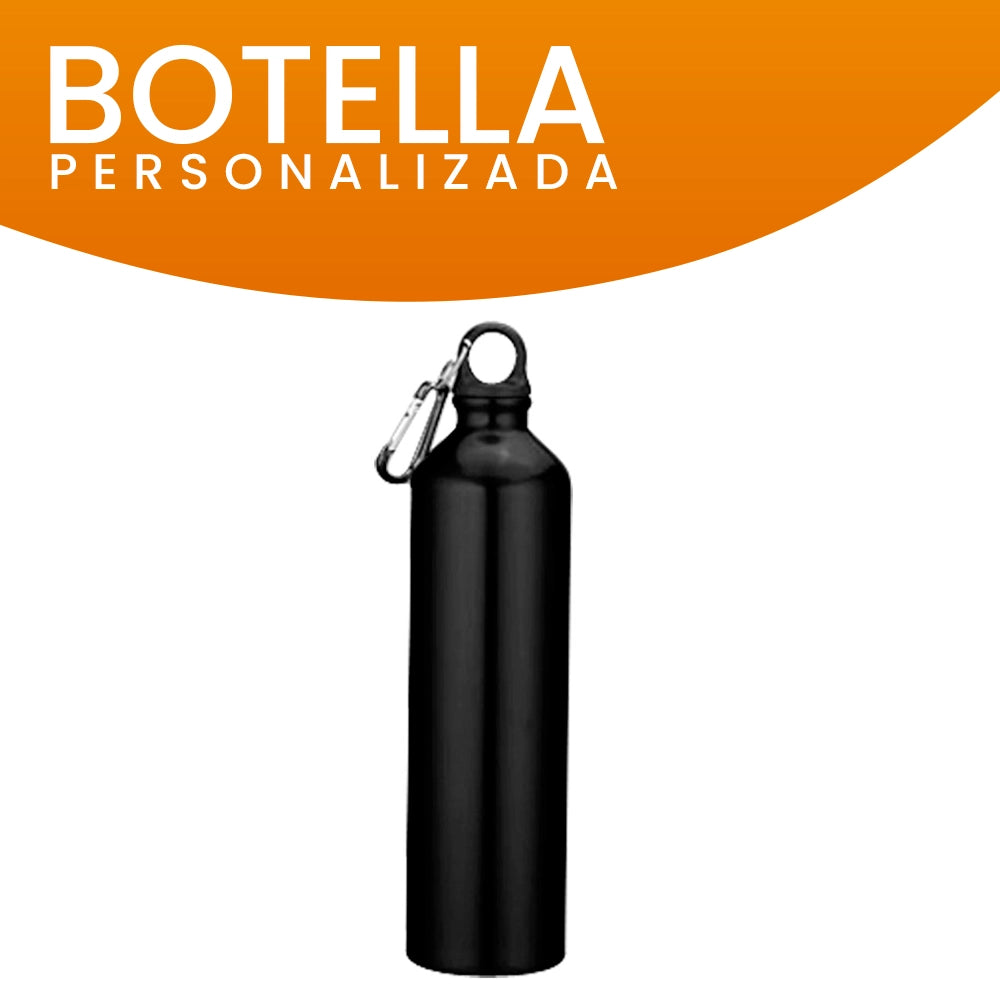 Botella personalizada color negro de 800cc, ideal para mantener bebidas frías, con grabado láser de alta calidad.