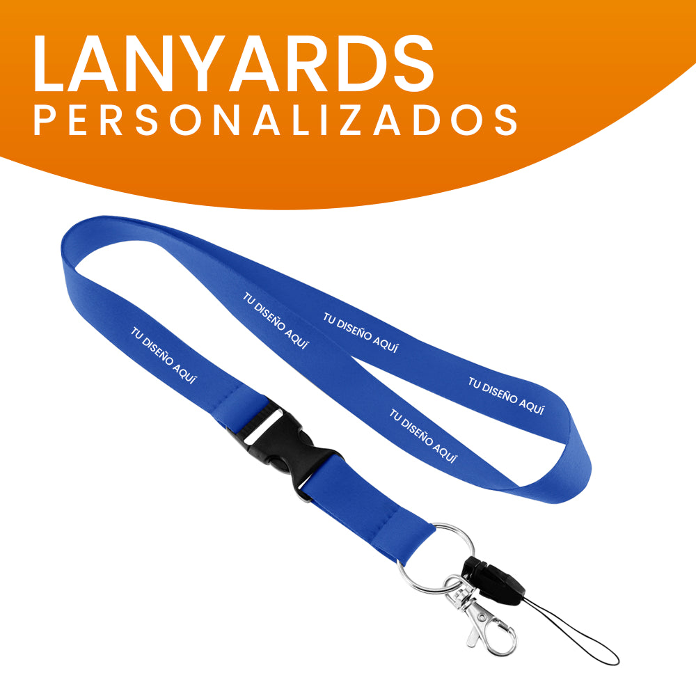 Lanyard personalizado azul con gancho metálico, perfecto para identificación en eventos y promociones corporativas.