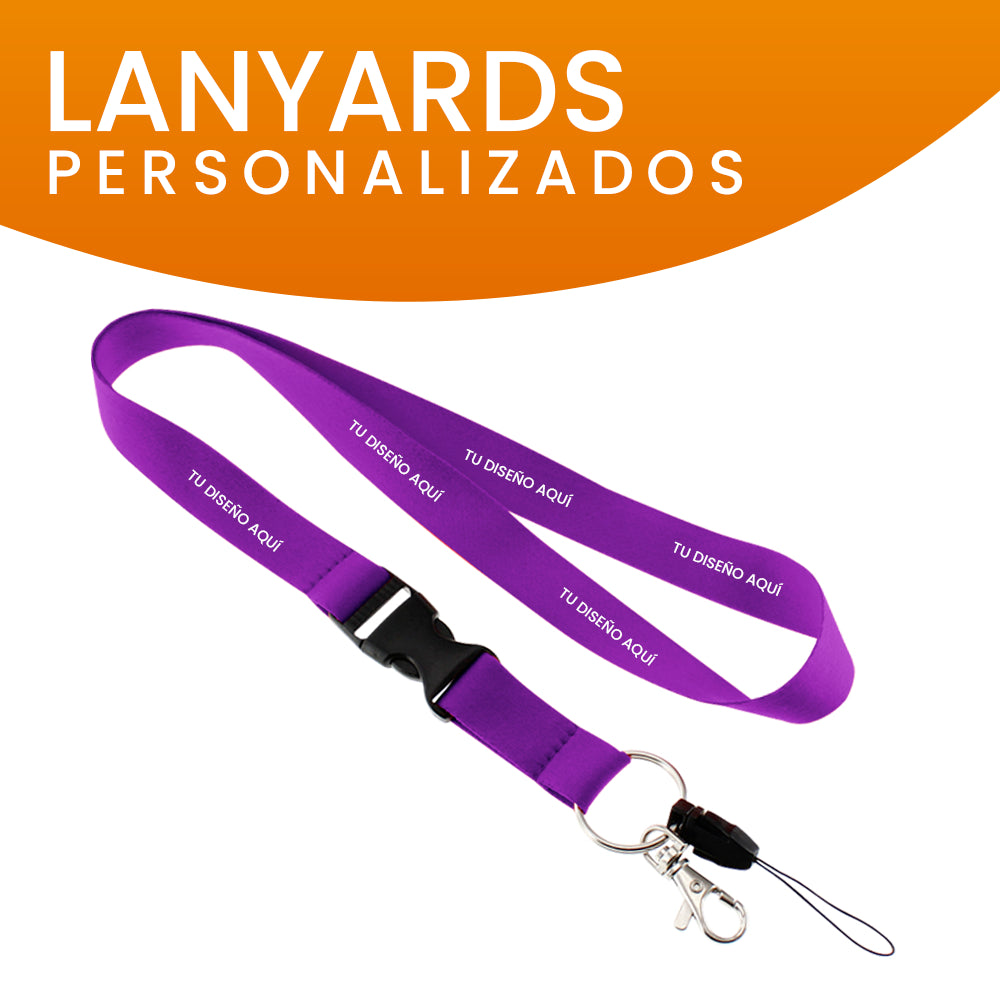 Lanyard personalizado morado con gancho metálico, ideal para eventos corporativos y conferencias.
