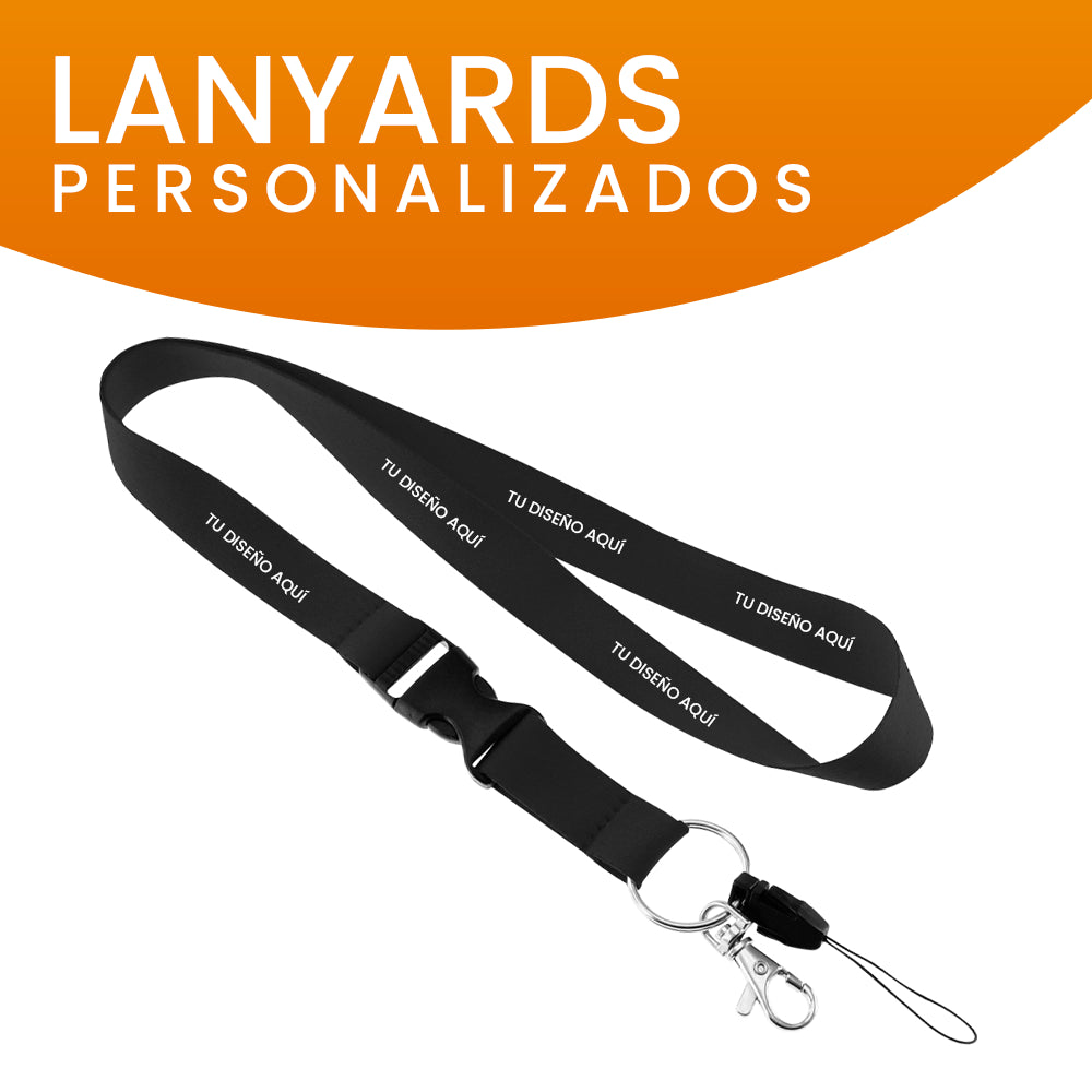 Lanyard personalizado negro con gancho metálico, elegante y profesional para uso corporativo.