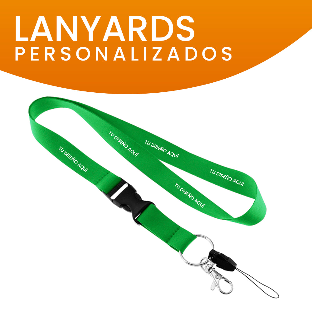 Lanyard personalizado verde con gancho metálico, ideal para eventos corporativos y promociones empresariales.