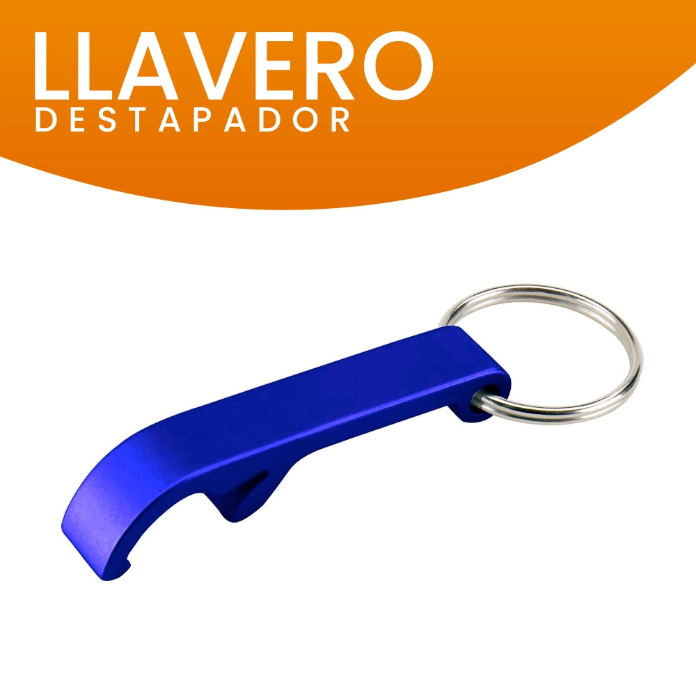 Llavero destapador de aluminio color azul con grabado láser personalizado, excelente para regalos promocionales.