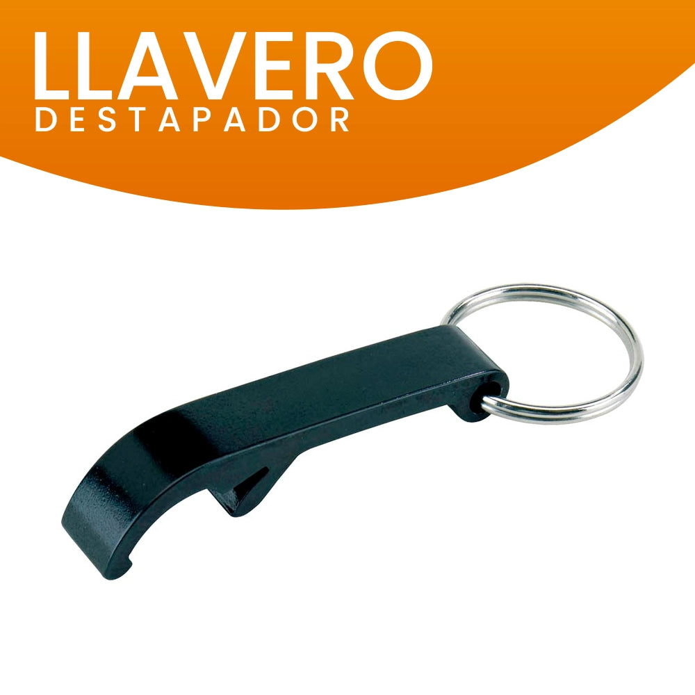 Llavero destapador de aluminio color negro con grabado láser personalizado, ideal para promociones y regalos corporativos.