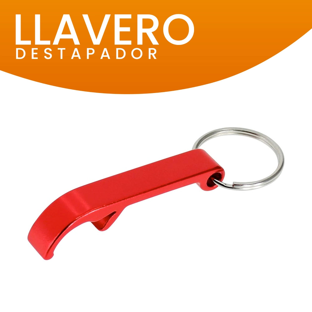 Llavero destapador de aluminio color rojo con grabado láser personalizado, perfecto para eventos y merchandising.