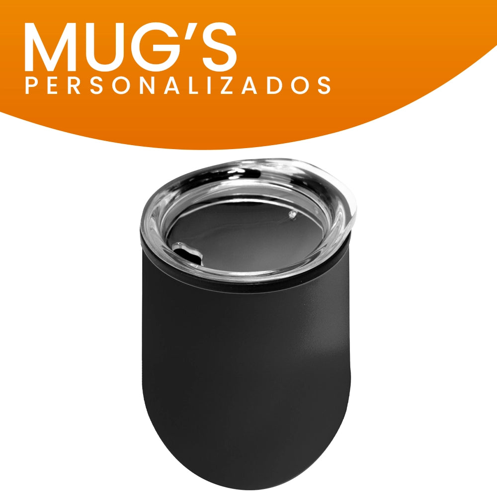 Mug metálico color negro con grabado láser personalizado, elegante opción para obsequios corporativos.