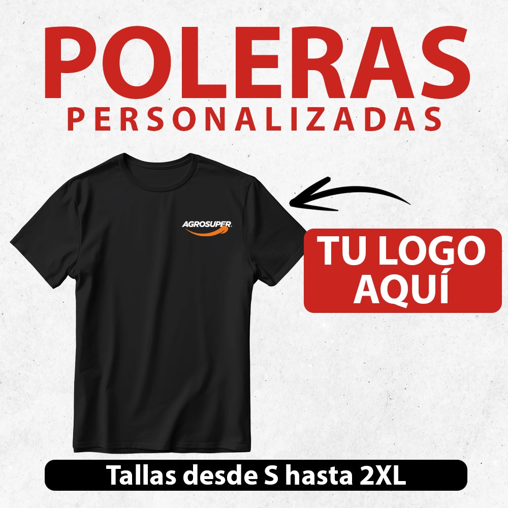 Polera personalizada negra con impresión DTF, ideal para eventos corporativos y promociones empresariales.