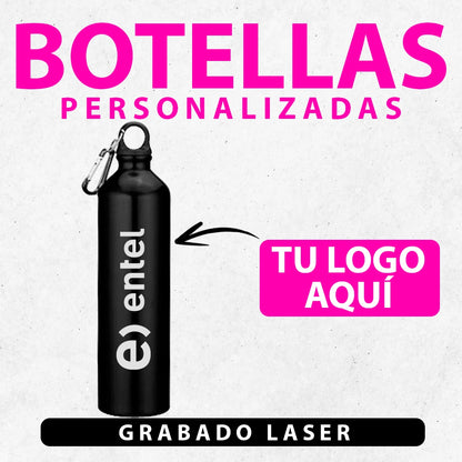Botella personalizada de aluminio de 800cc, disponible en colores negro, azul y rojo, con grabado láser para regalos corporativos.