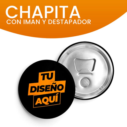 Chapita personalizada con imán y destapador, perfecta para regalos promocionales y recuerdos de marca.