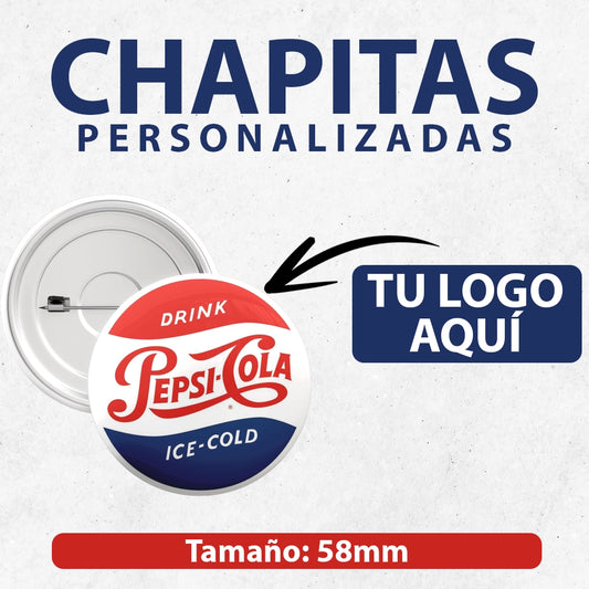 Chapitas personalizadas de 58 mm con opción de alfiler o imán y destapador, ideales para promociones y eventos corporativos.