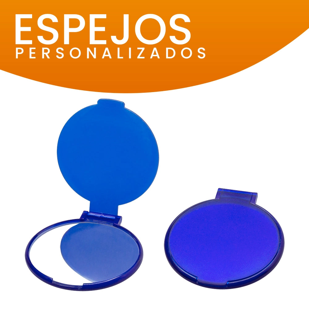 Espejo personalizado de bolsillo color azul con tapa de 6 cm de diámetro, ideal para regalos promocionales.