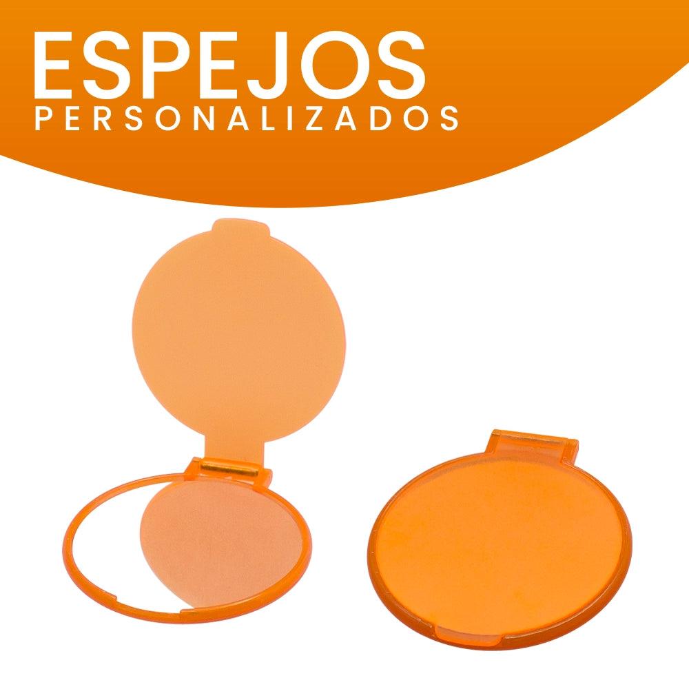 Espejo personalizado de bolsillo color naranja con tapa de 6 cm de diámetro, llamativa opción para promociones.