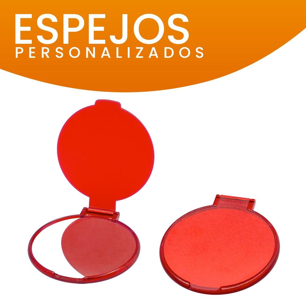Espejo personalizado de bolsillo color rojo con tapa de 6 cm de diámetro, ideal para regalos promocionales y eventos.