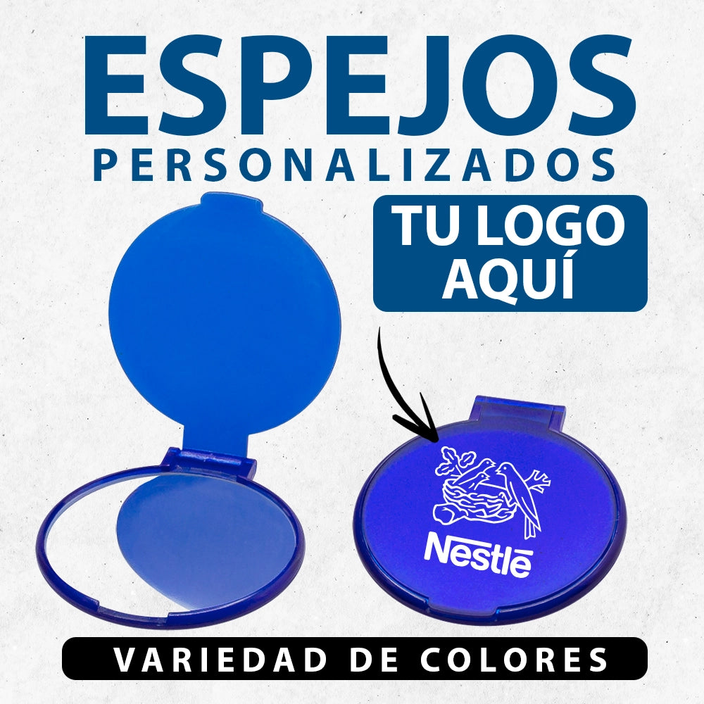 Espejos personalizados de bolsillo con tapa de 6 cm de diámetro, disponibles en colores azul, verde, blanco, naranja y fucsia.