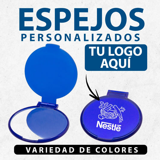 Espejos personalizados de bolsillo con tapa de 6 cm de diámetro, disponibles en colores azul, verde, blanco, naranja y fucsia.