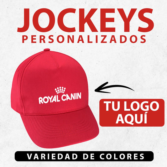 Jockey personalizado disponible en colores rojo, negro, verde, azul y blanco, con estampado DTF para eventos y promocion