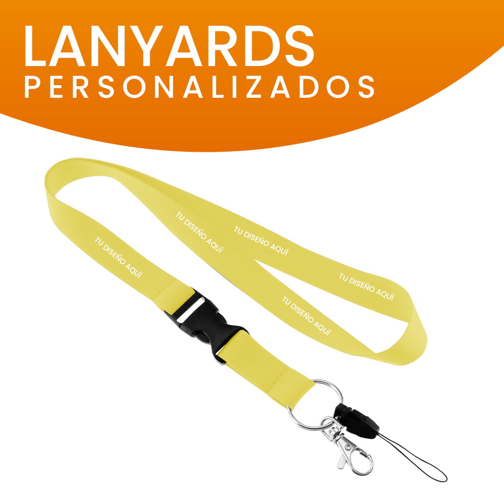 Lanyard personalizado amarillo con gancho metálico, llamativo y funcional para eventos y promociones.