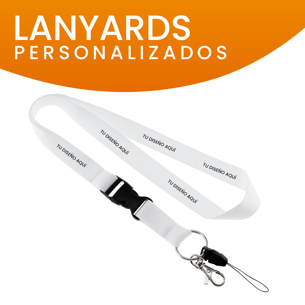 Lanyard personalizado blanco con gancho metálico, versátil para diversas aplicaciones empresariales.