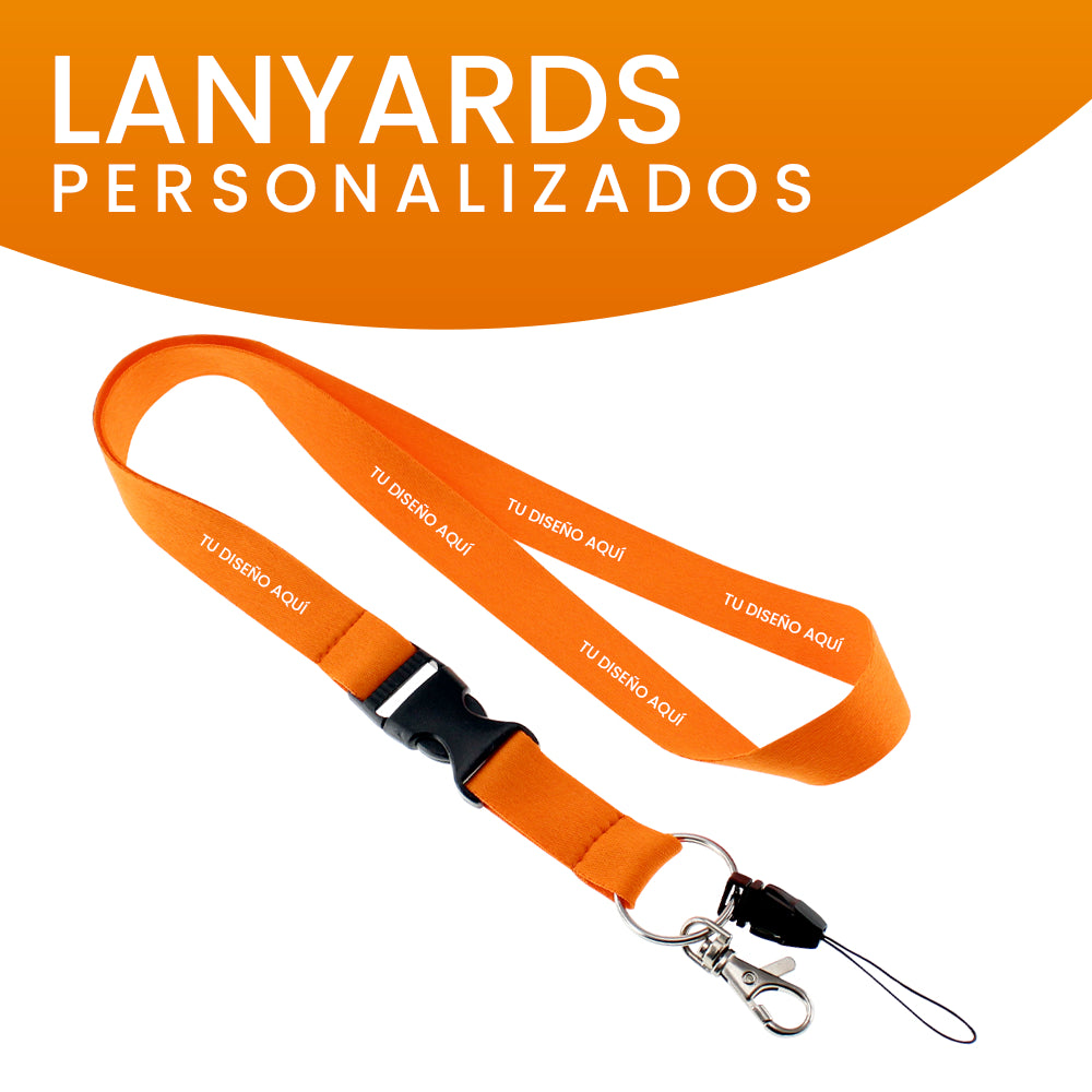 Lanyard personalizado naranja con gancho metálico, perfecto para promociones y regalos empresariales.