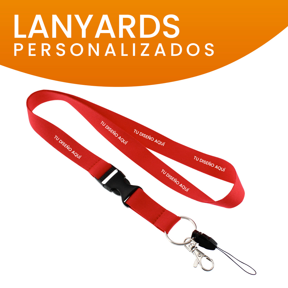 Lanyard personalizado rojo con gancho metálico, ideal para identificación de personal y eventos.