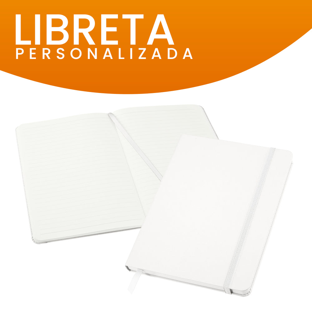 Libreta personalizada con tapa blanca, perfecta para promociones y branding de marca.