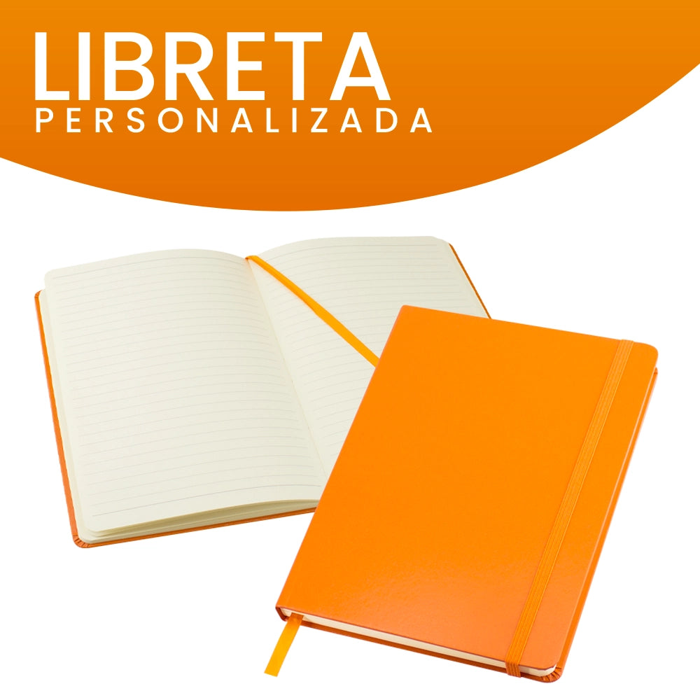 Libreta personalizada con tapa naranja, llamativa y funcional para eventos y regalos.