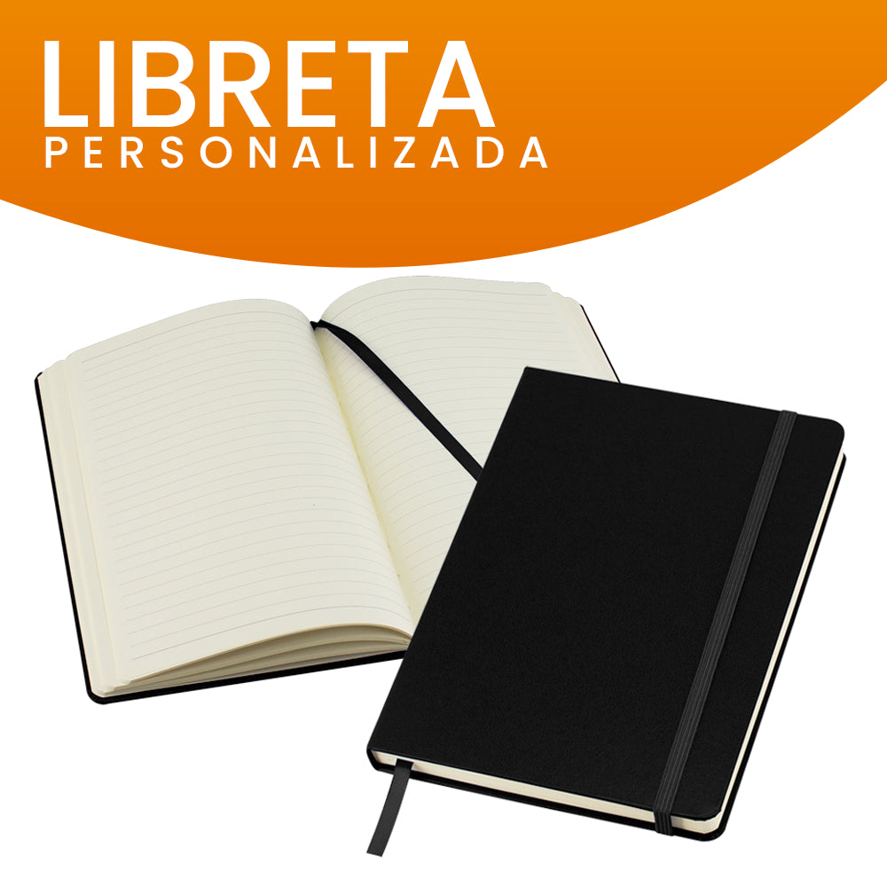 Libreta personalizada con tapa negra, ideal para regalos corporativos y eventos empresariales.
