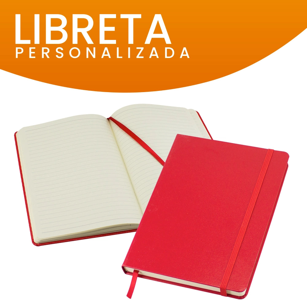 Libreta personalizada con tapa roja, ideal para destacar tu marca en conferencias y ferias.