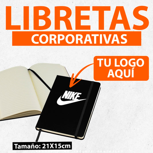 Libreta personalizada con tapas de varios colores (negro, blanco, naranja, rojo, verde), ideal para regalos corporativos y eventos empresariales.