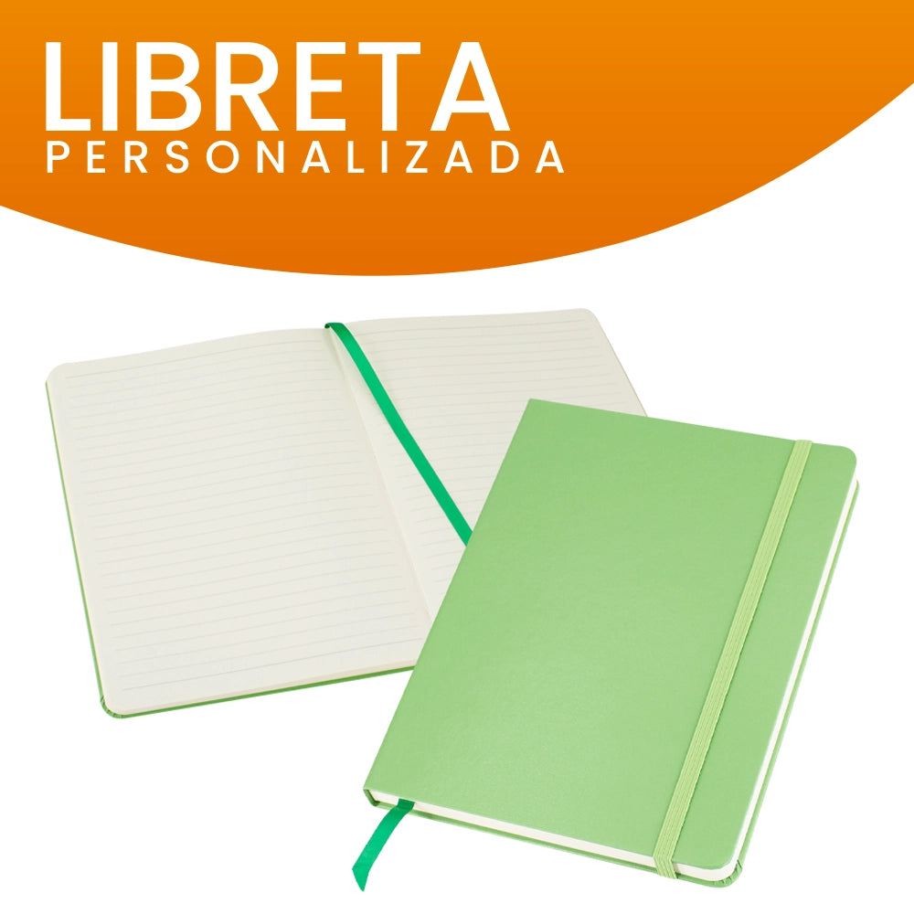 Libreta personalizada con tapa verde, perfecta para promociones ecológicas y sostenibles.