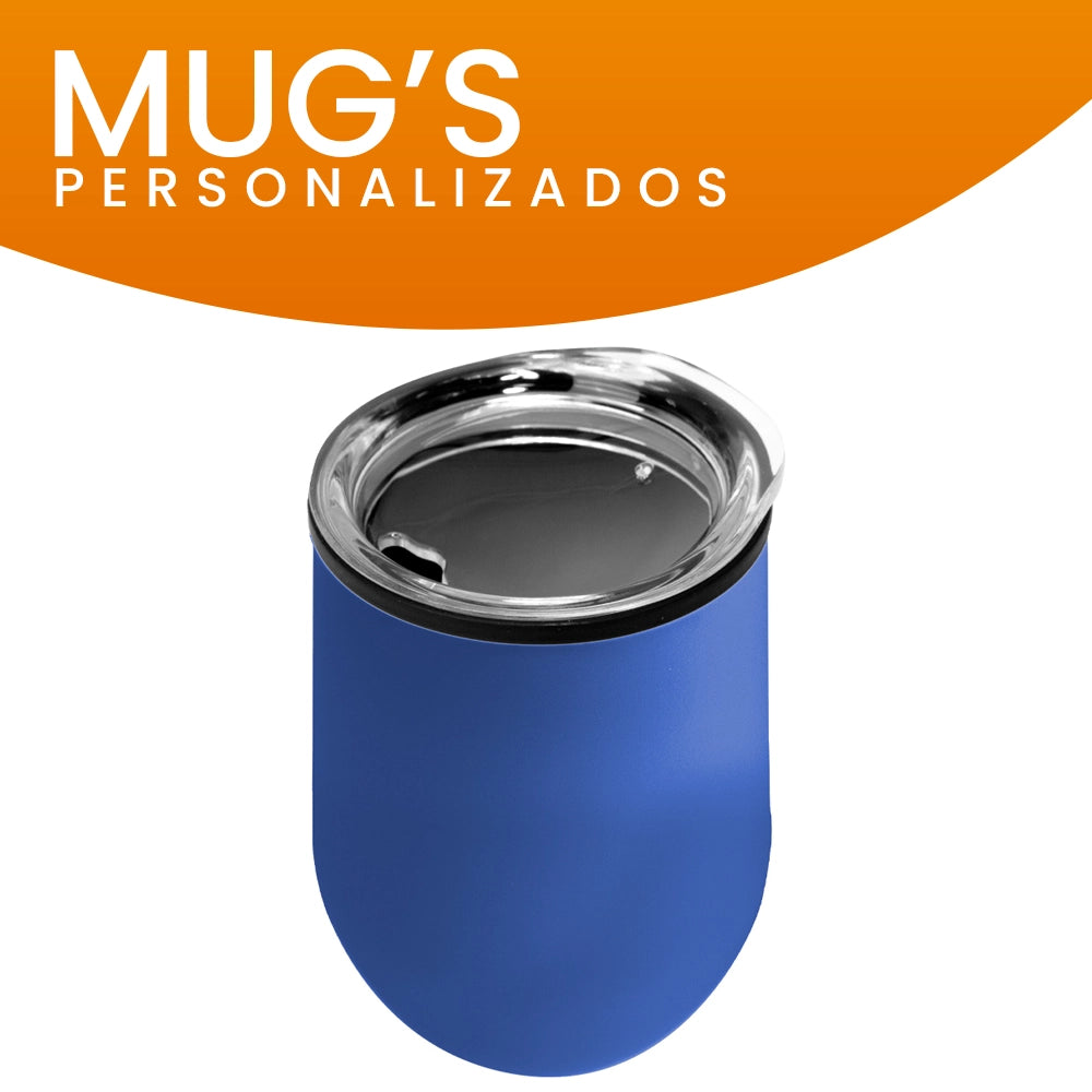 Mug metálico color azul con grabado láser personalizado, perfecto para eventos y merchandising.