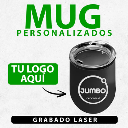 Mug metálico personalizado con grabado láser, disponible en colores azul, rojo y negro. Ideal para regalos corporativos y promociones.