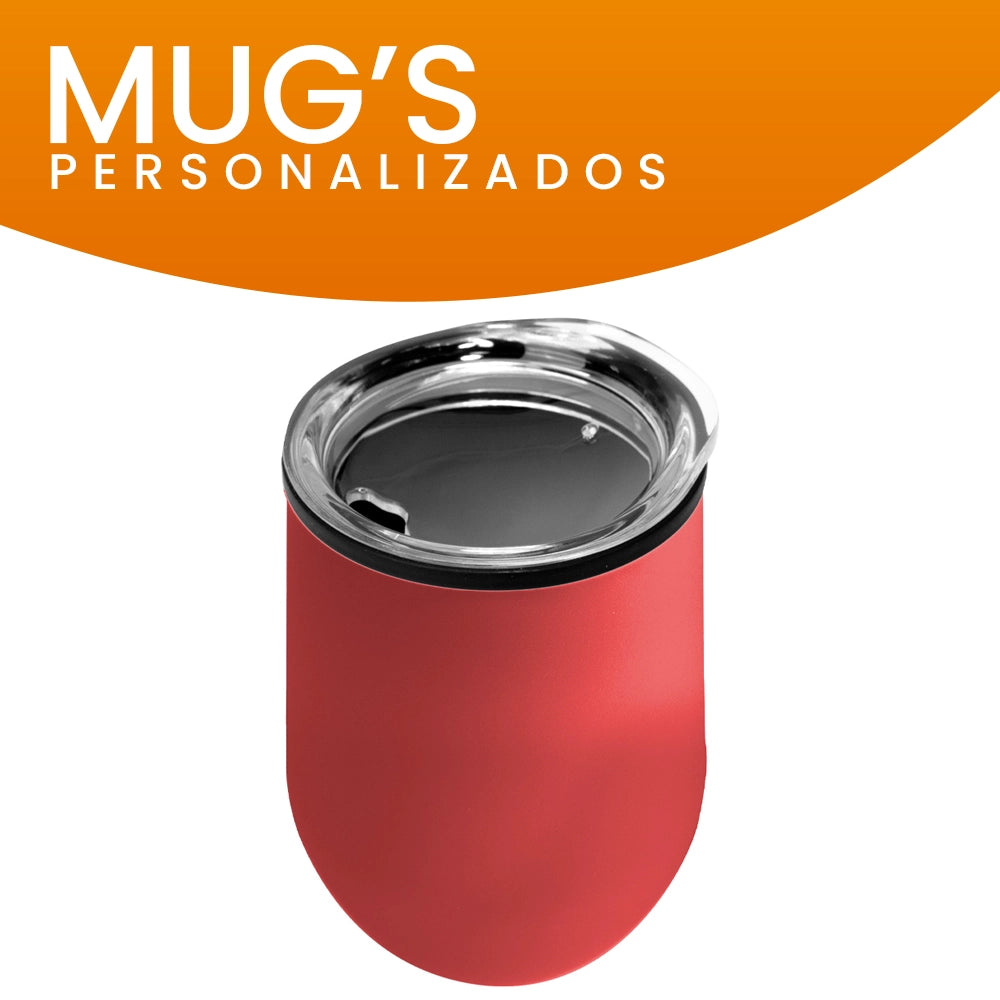 Mug metálico color rojo con grabado láser personalizado, ideal para regalos promocionales.