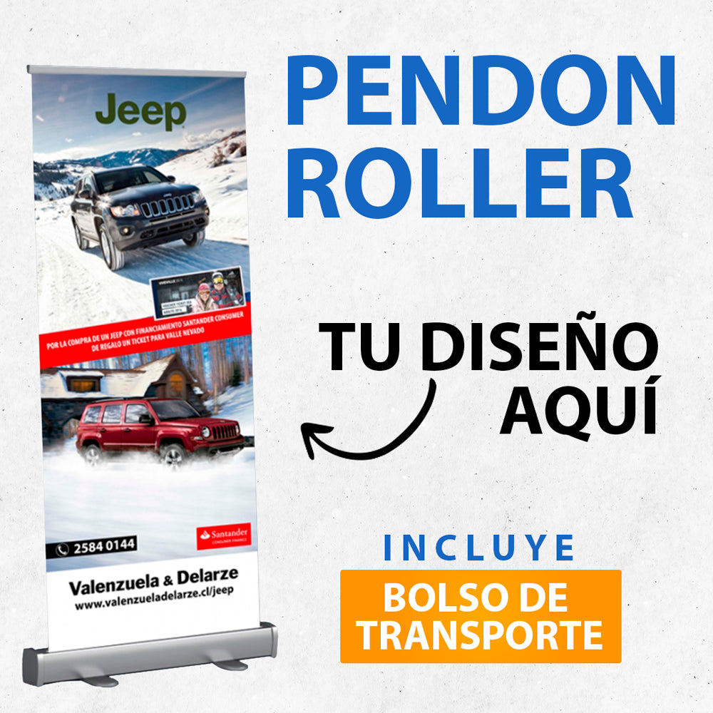 Pendón roller personalizado de 80x200 cm o 100x200 cm, ideal para ferias, exposiciones y puntos de venta.